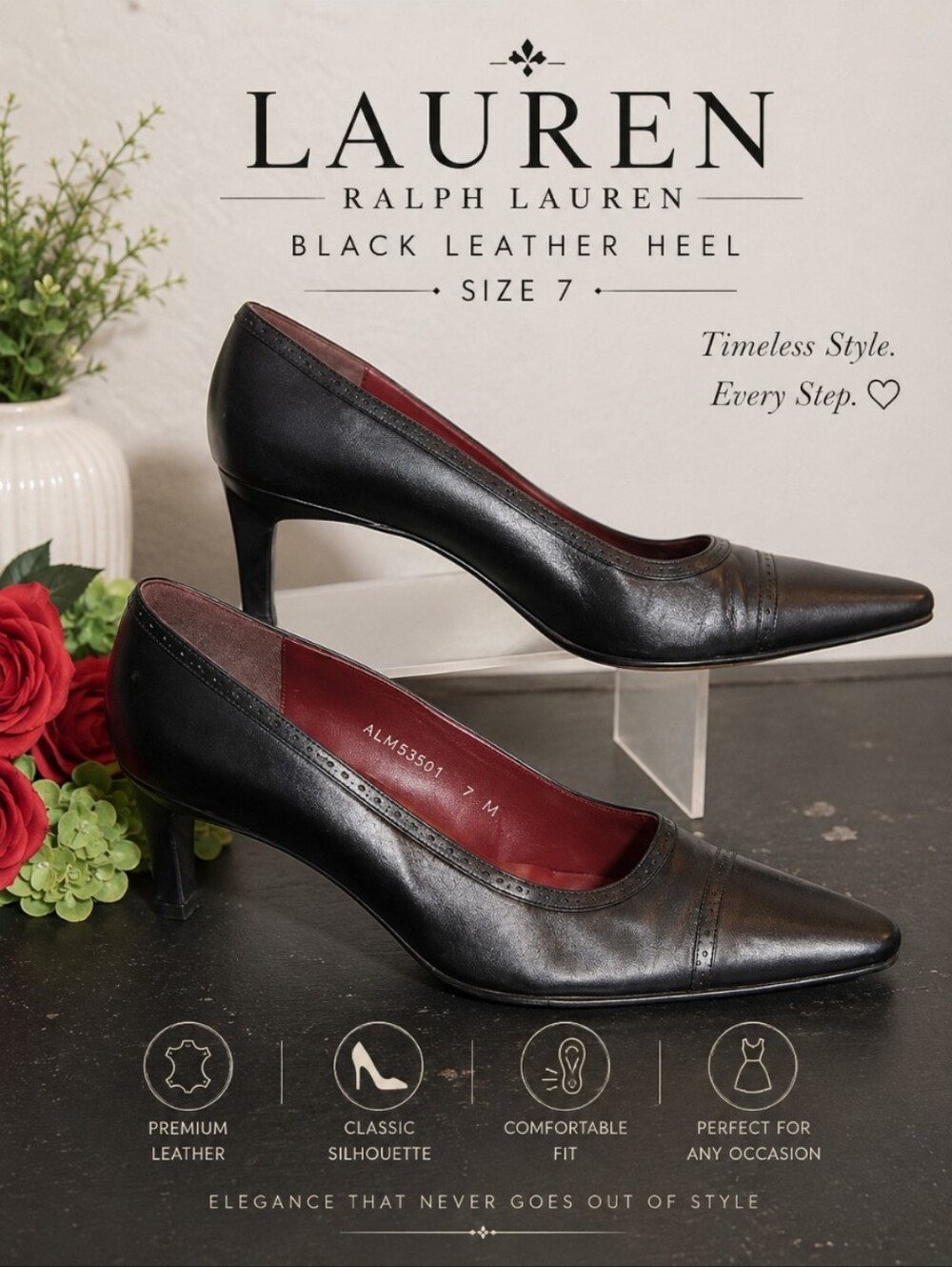LAUREN Ralph Black Leather Heel 7